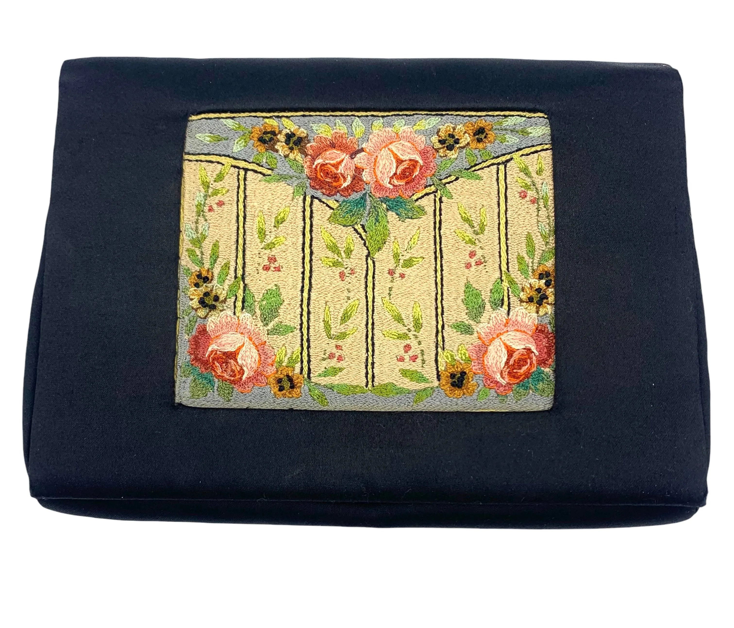 30s Black Satin Clutch Purse with Hand Embroidered Floral Motif