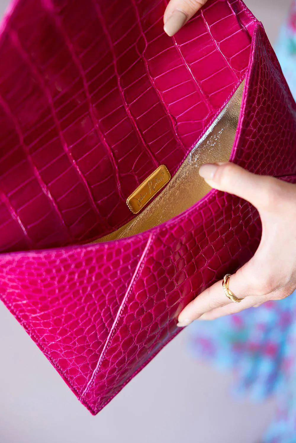 Bright Pink Alligator Envelope Clutch