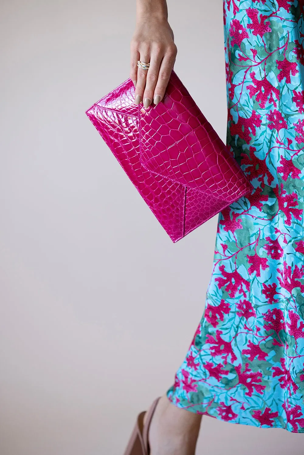 Bright Pink Alligator Envelope Clutch