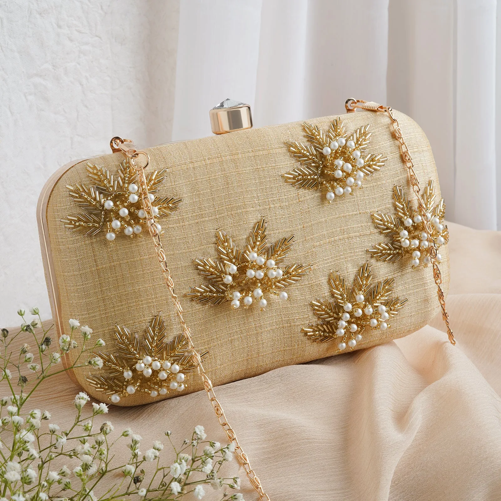 Floral Fiesta Gold Hand Embroidery Clutch