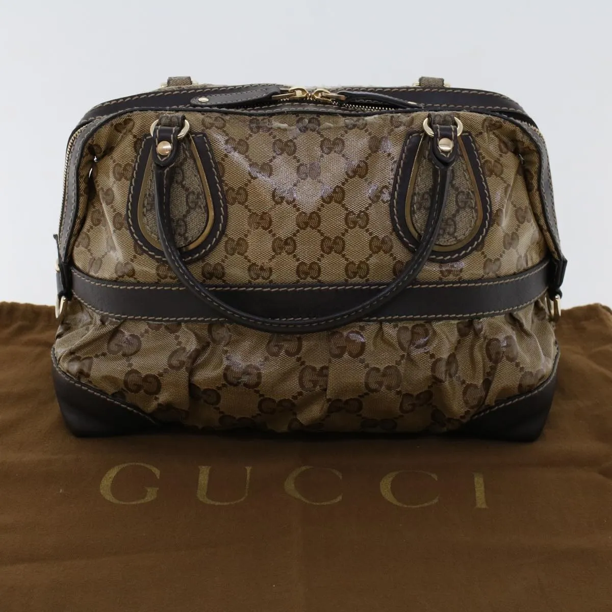 GUCCI GG Canvas Hand Bag Coated Canvas Beige Dark Brown 223962  hk739