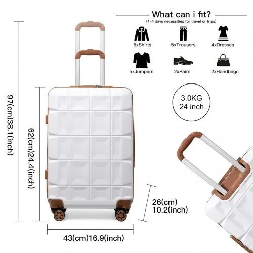 Kono 24 Inch Lightweight Hard Shell ABS Suitcase with TSA Lock - White | Durable and Stylish Travel Luggage