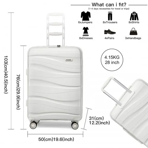 Kono 28 Inch Lightweight Polypropylene Hard Shell Suitcase with TSA Lock - Cream White