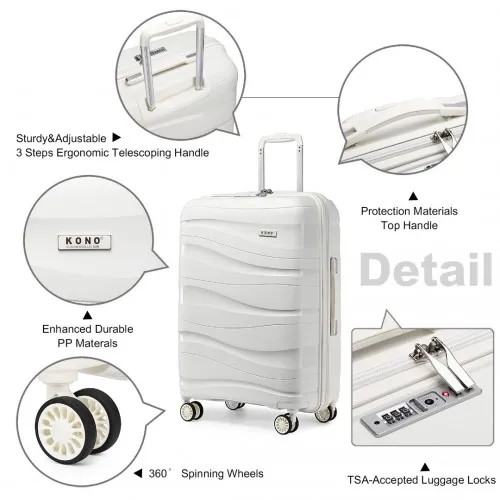 Kono 28 Inch Lightweight Polypropylene Hard Shell Suitcase with TSA Lock - Cream White