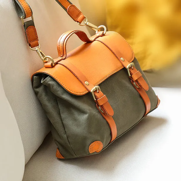 Messenger Bag Canvas Vegetable Tanned Leather Crossbody Bag-i7bags