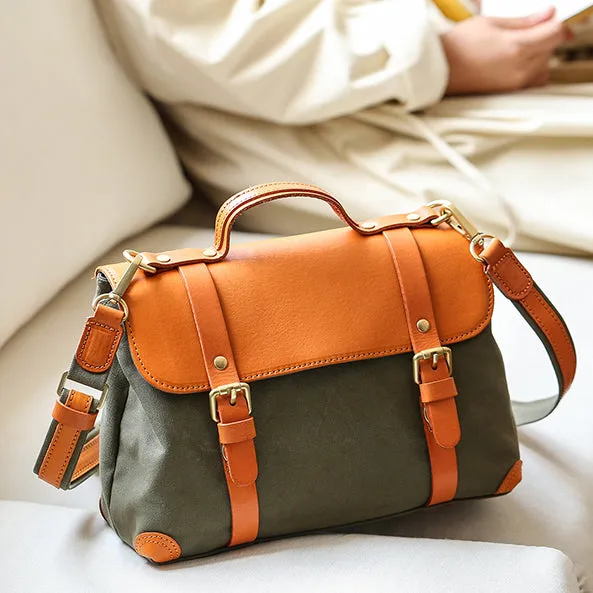 Messenger Bag Canvas Vegetable Tanned Leather Crossbody Bag-i7bags