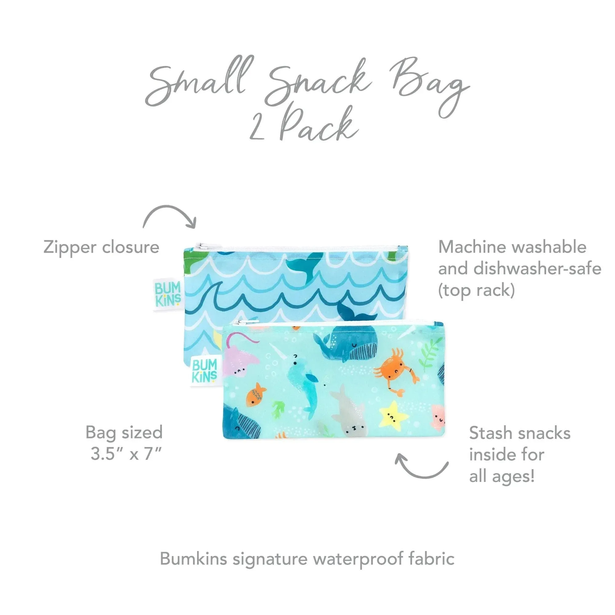 Reusable Snack Bag, Small 2-Pack: Ocean Life & Whale Tail