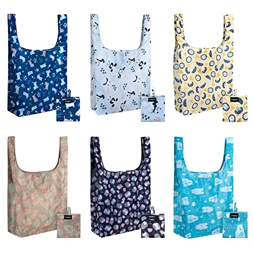 Ripstop Reusable Grocery Shopping Bag - Replace Paper and Plastic Bags with Large, Strong Eco Friendly Bags. Turns into a Carrying Pouch when Folded into Its Own Pocket. (ANIMAL PATTERN | 6-PACK)