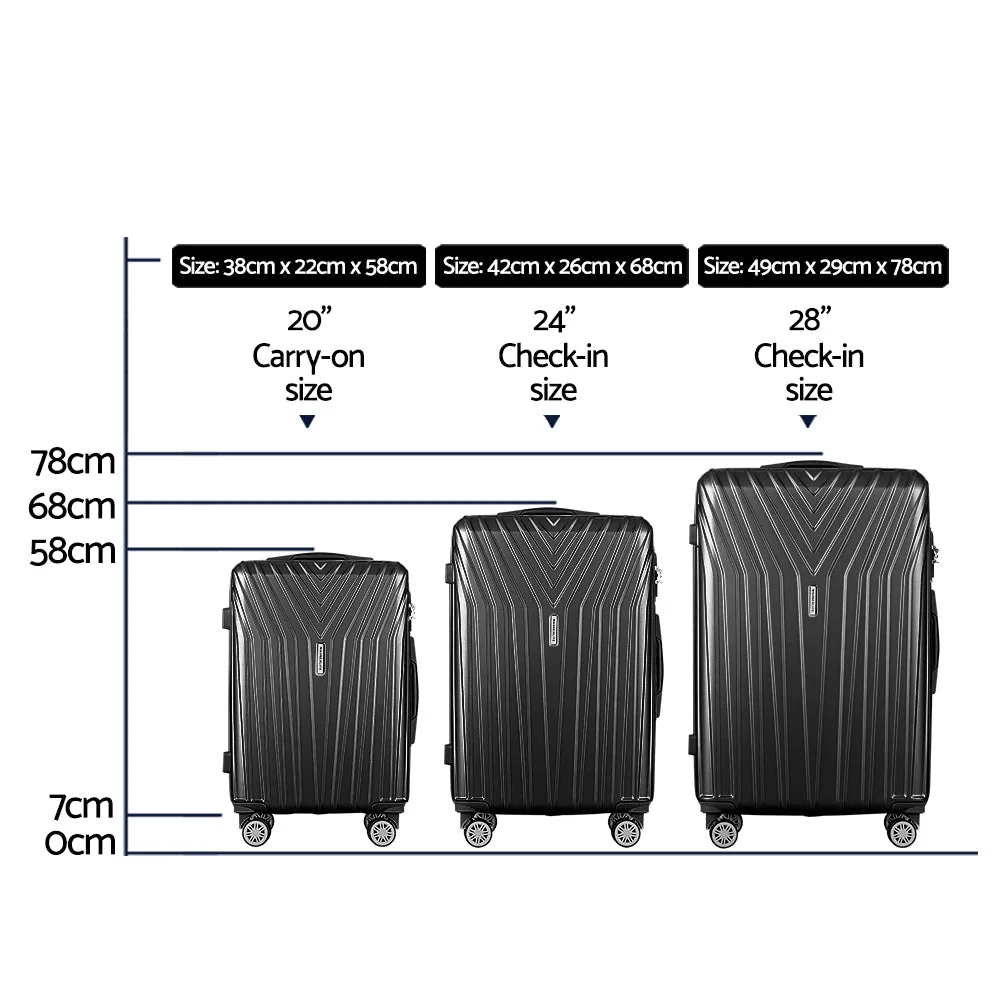 Set of 3 Luggage Trolley Suitcase Sets Travel TSA Hard Case Black