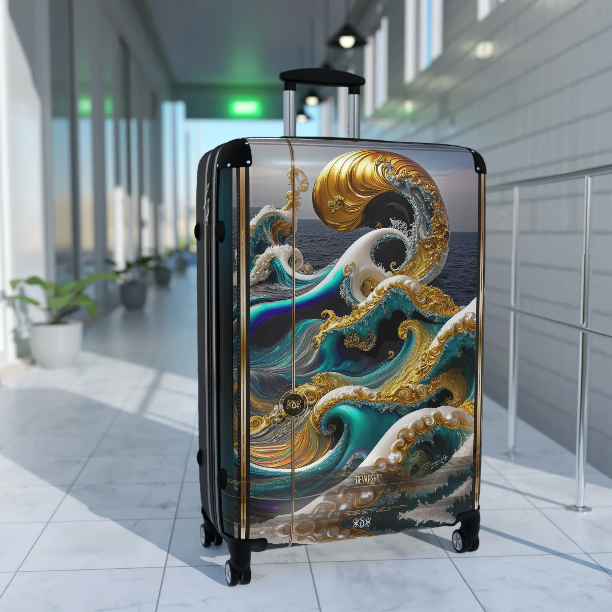 Turquoise Waves Suitcase Decorative Waves Luggage Luxury Carry-on Suitcase Premium Hard Shell Wheels Suitcase  | X3351B