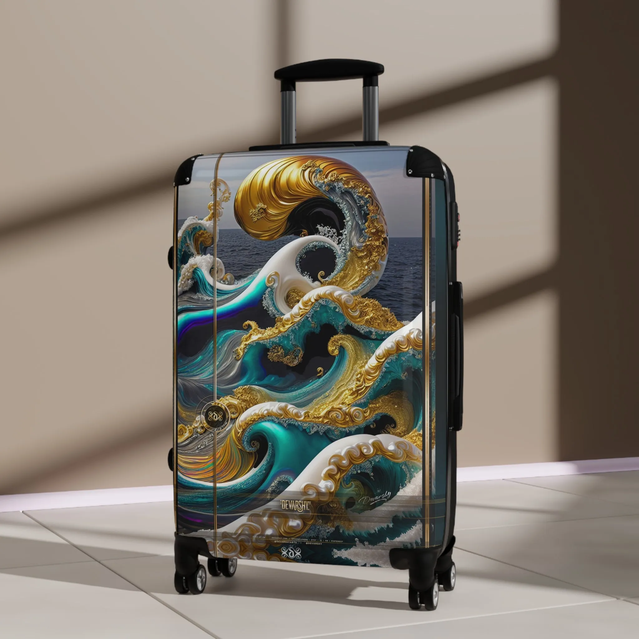 Turquoise Waves Suitcase Decorative Waves Luggage Luxury Carry-on Suitcase Premium Hard Shell Wheels Suitcase  | X3351B