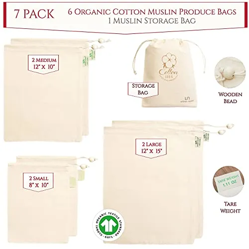 Urban Noon Organic Cotton Produce Bags 7 Pack Washable Reusable With Drawstring